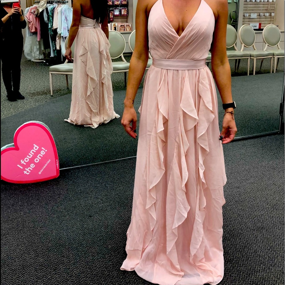 White by Vera Wang Blush Pink Ruffled V-Neck Maxi Dress
